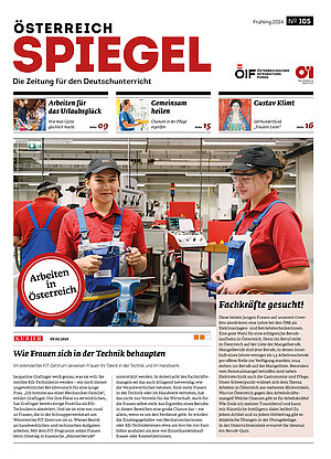 Coverbild der Ausgabe 105 der Zeitschrift Österreich Spiegel mit dem Thema Arbeiten in Österreich.