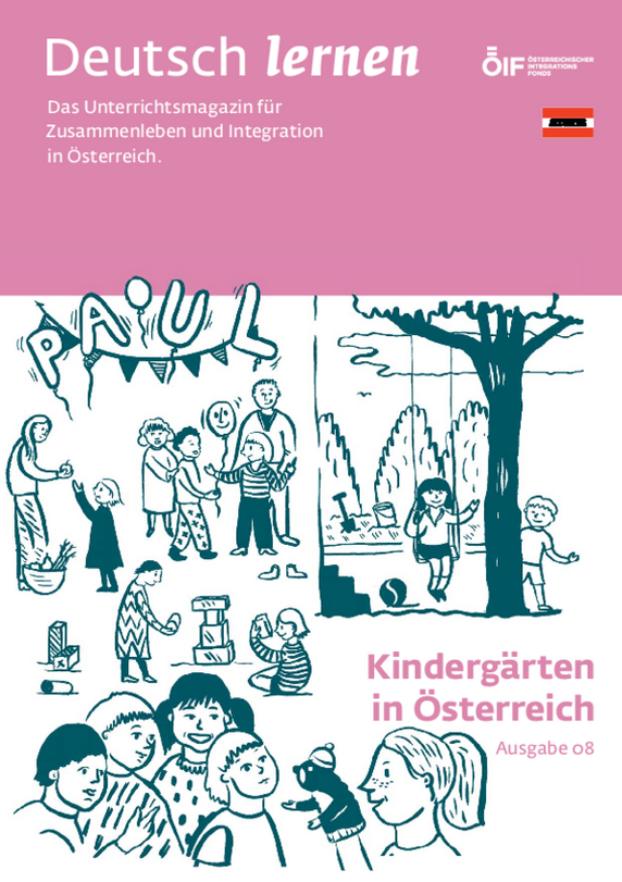 Coverbild der Ausgabe 08 des Unterrichtsmagazins Deutsch lernen mit dem Titel „Kindergärten in Österreich“.
